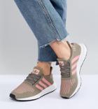 Adidas Originals Swift Run Sneakers In Khaki With Pink Stripe - Green