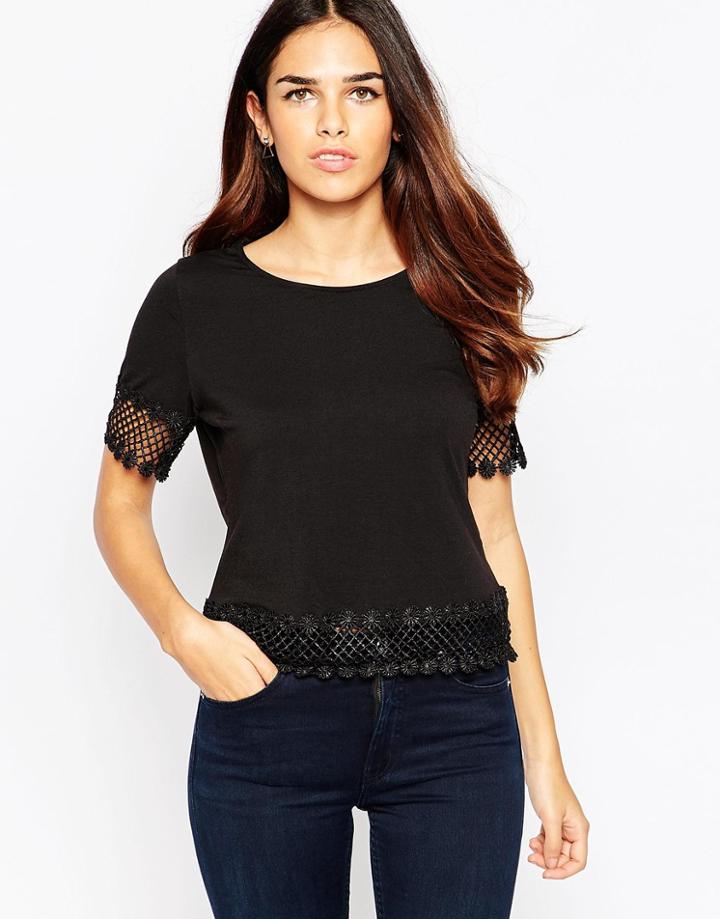 Ax Paris Top With Crochet Trim Sleeves - Black