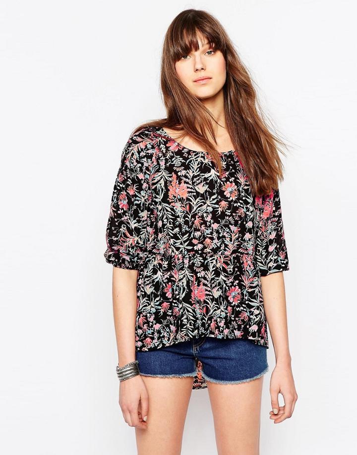Only Clematis Sima Floral 3/4 Sleeve Blouse - Black Aop Clemtais