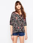 Only Clematis Sima Floral 3/4 Sleeve Blouse - Black Aop Clemtais