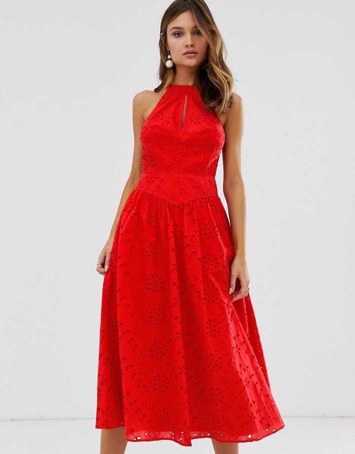 Asos Design Premium Broderie Midi Skater Prom Dress - Red