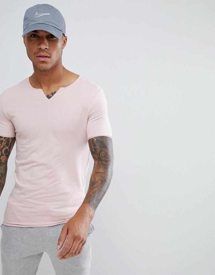 Asos Design Muscle Fit T-shirt With Raw Notch Neck In Pink - Pink