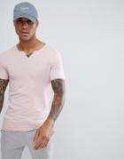 Asos Design Muscle Fit T-shirt With Raw Notch Neck In Pink - Pink