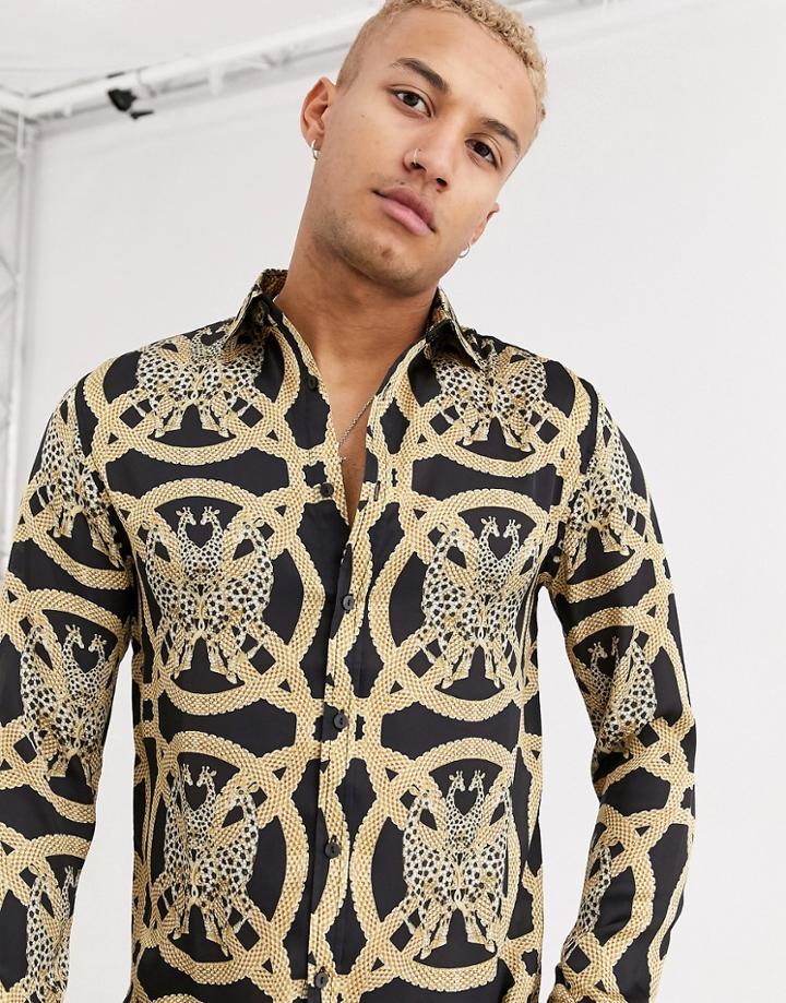 Hermano Long Sleeve Shirt In Navy With Giraffe Chain Print