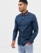 Asos Design Skinny Shirt In Navy With Ribbed Collar & Cuff - Navy
