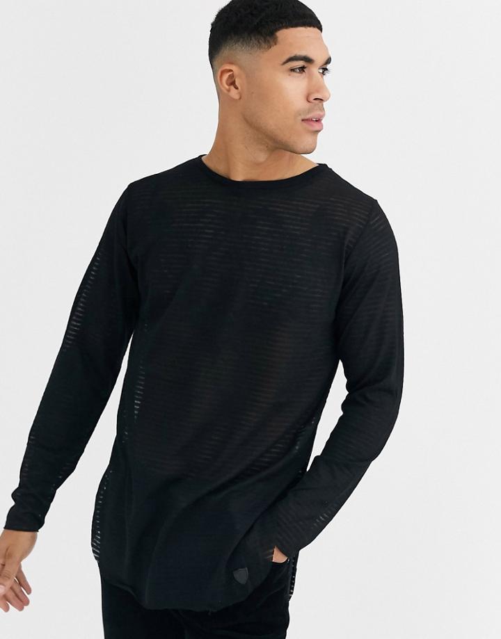 Soul Star Sheer Curved Hem Knitted Top In Black - Black