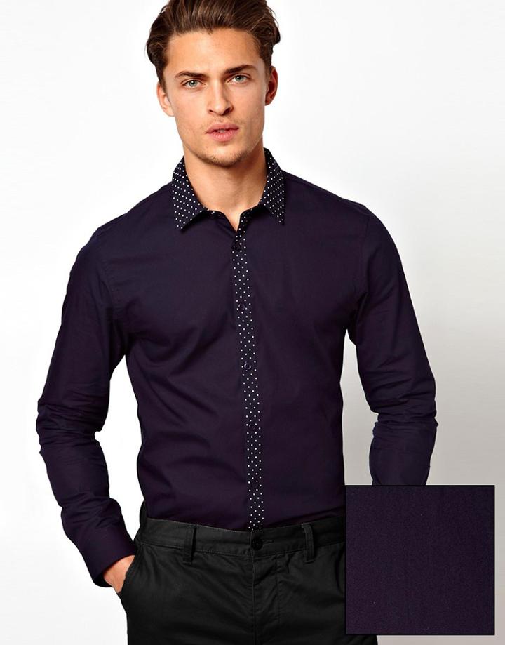 Asos Smart Shirt In Long Sleeve With Polka Dot Contrast - Blue
