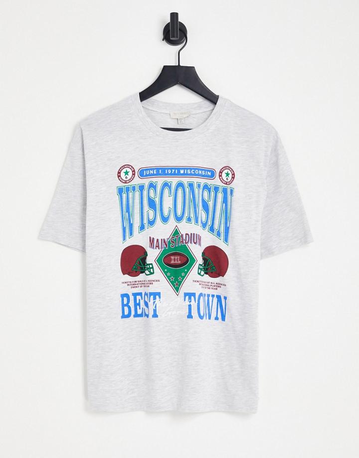 Pull & Bear Varsity Oversized Graphic T-shirt In Gray-white