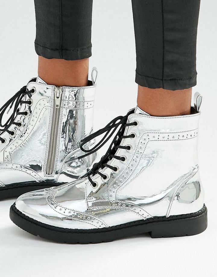 London Rebel Brogue Lace Up Ankle Boots - Red