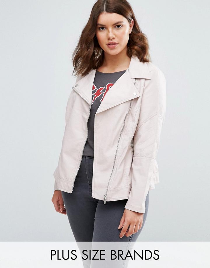 New Look Plus Leather Look Biker Jacket - Pink
