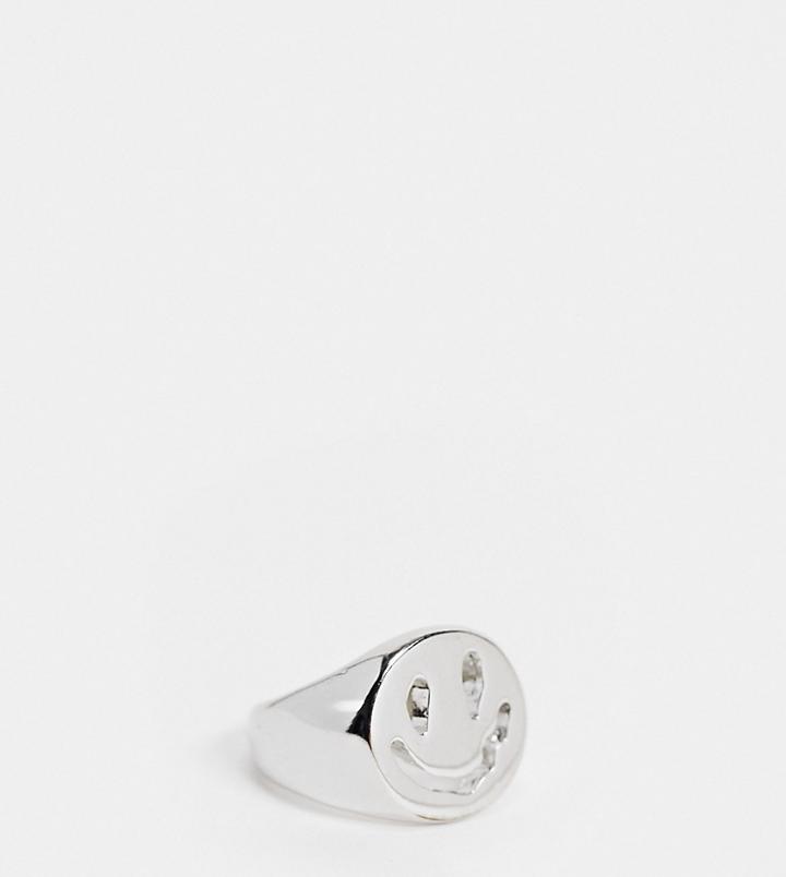 Reclaimed Vintage Inspired The Melted Happy Face Signet Ring In Silver
