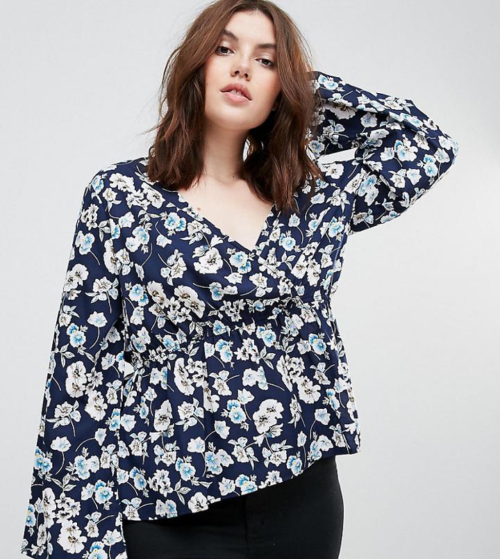 Influence Plus Flared Sleeve Floral Wrap Top - Black
