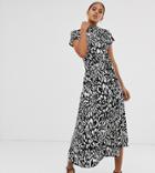 Asos Design Tall Cowl Neck Tie Waist Maxi Dress In Mono Animal-multi