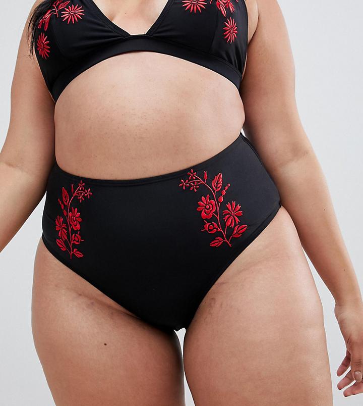 Wolf & Whistle Curve Floral Embroidered High Waist Bikini Bottom In Black Multi - Black