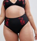 Wolf & Whistle Curve Floral Embroidered High Waist Bikini Bottom In Black Multi - Black
