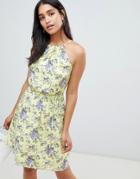 Oasis High Neck Dress In Yellow Floral - Yellow