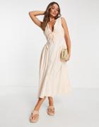 Asos Design Broderie Midi Dress With Gathered Side Seams In Apricot-orange