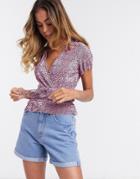 Pull & Bear Wrap Front Top With Synch Waist In Pink