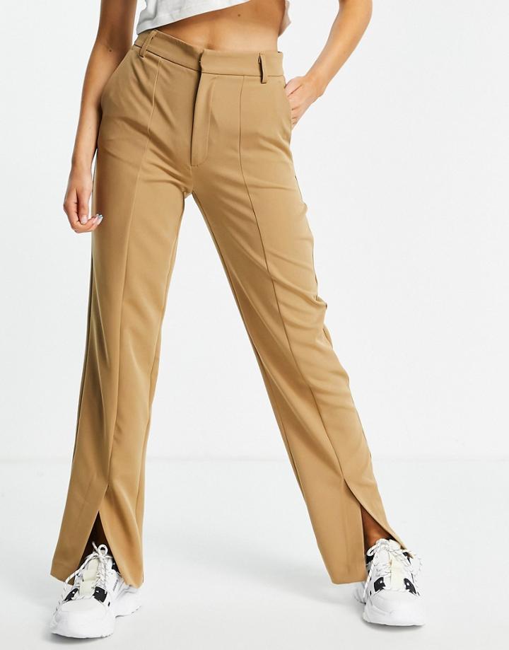 Stradivarius Tailored Pants With Slit Hem Detail In Camel-neutral