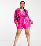 In The Style Plus X Perrie Sian Wrap Front Belted Romper In Pink