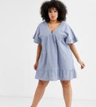 Asos Design Curve V Front V Back Smock Mini Dress In Chambray - Blue