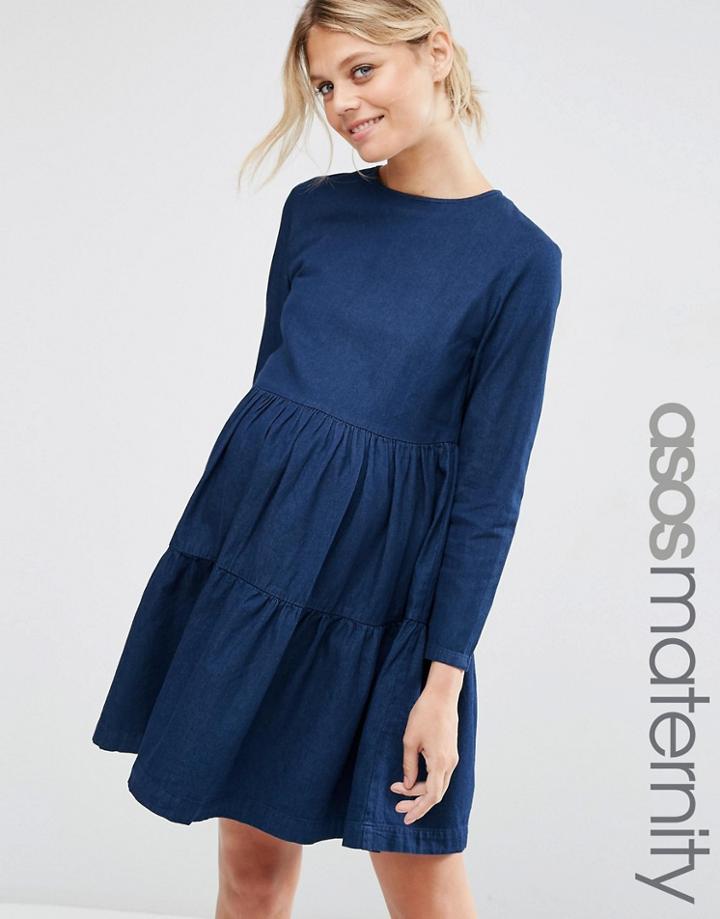 Asos Maternity Denim Smock Dress In Darkwash Blue - Blue