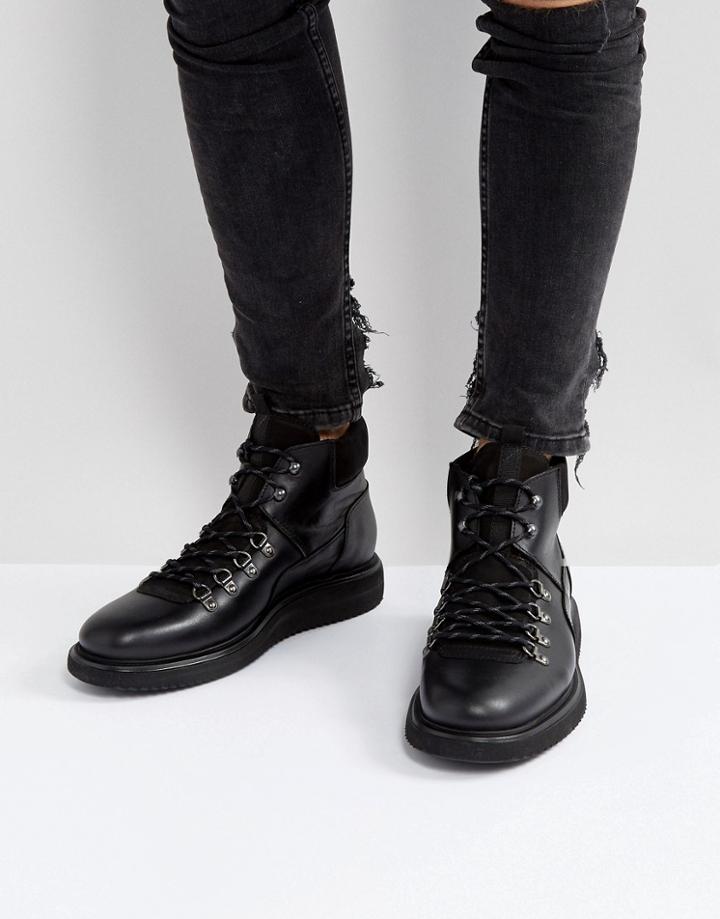 Hudson London Stange Leather Hiker Lace Up Boots - Black