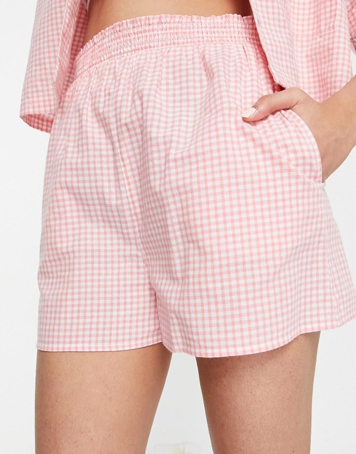 Miss Selfridge Shirred Waist Flippy Short In Orange And Pink Check-multi