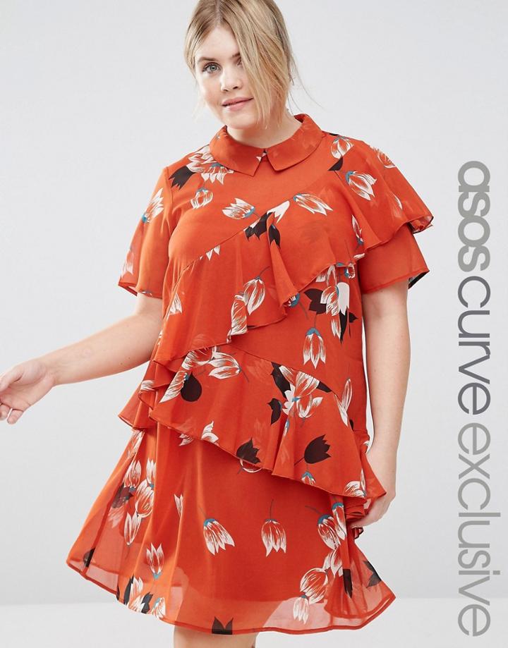 Asos Curve Ruffle Tea Dress With Collar In Tulip Floral Print - Multi