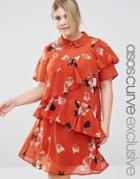 Asos Curve Ruffle Tea Dress With Collar In Tulip Floral Print - Multi