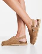 Topshop Lacey Suede Flat Clog Footbed In Tan-brown