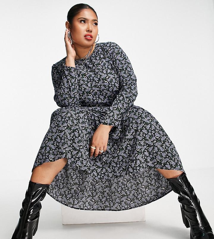 Daisy Street Plus Midi Smock Dress In Blue Floral-multi