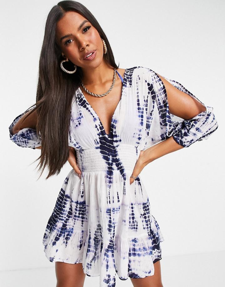 South Beach Blue Tie Dye Balloon Sleeve Dress-blues