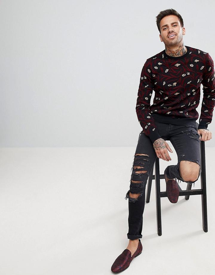 Bershka Holidays Sweater With Metallic Print In Black - Black