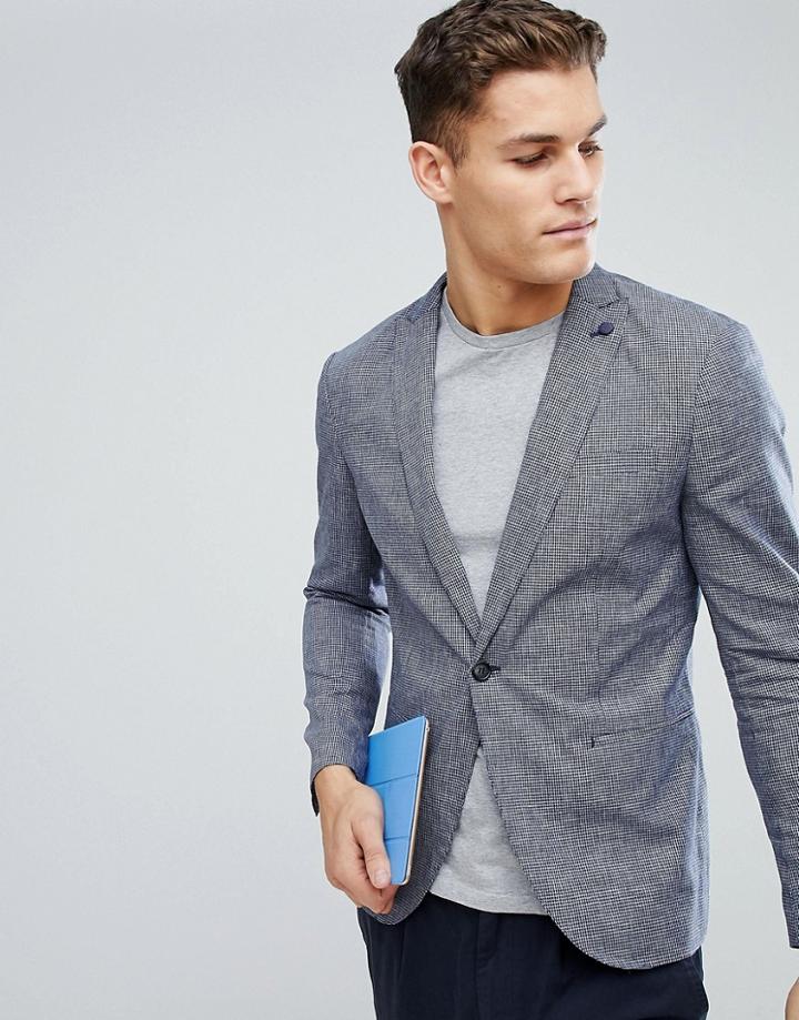 Selected Homme Mini Check Slim Blazer In Linen Mix - Blue