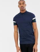 Asos Design Polo Shirt With Contrast Sleeve Stripe In Navy - Navy
