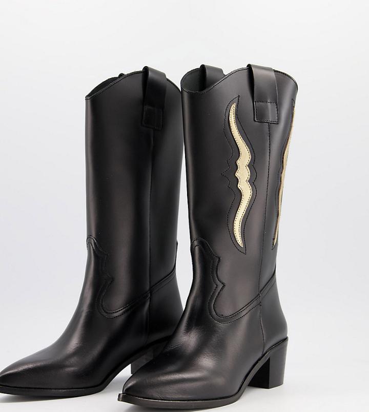 Depp Wide Fit Knee High Western Boots In Black Leather