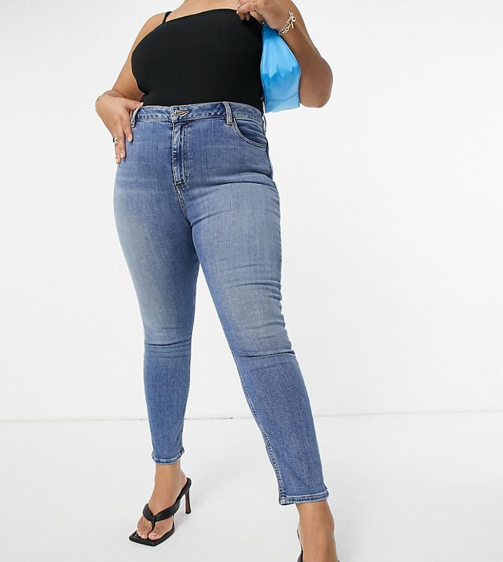 Asos Design Curve High Rise 'lift And Contour' Skinny Jeans In Midwash-blue