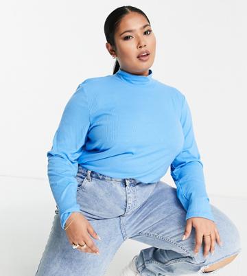 Vila Curve High Neck Top In Bright Blue