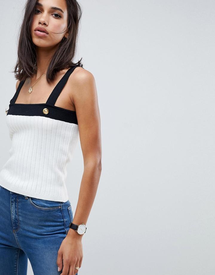 Asos Design Ribbed Tank With Gold Button Detail - Multi