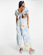Asos Design Scallop Neck Jumpsuit With Puff Sleeves In Bold Floral Print-multi