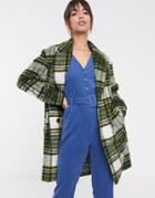 Asos Design Green Brushed Check Double Breasted Coat In Green