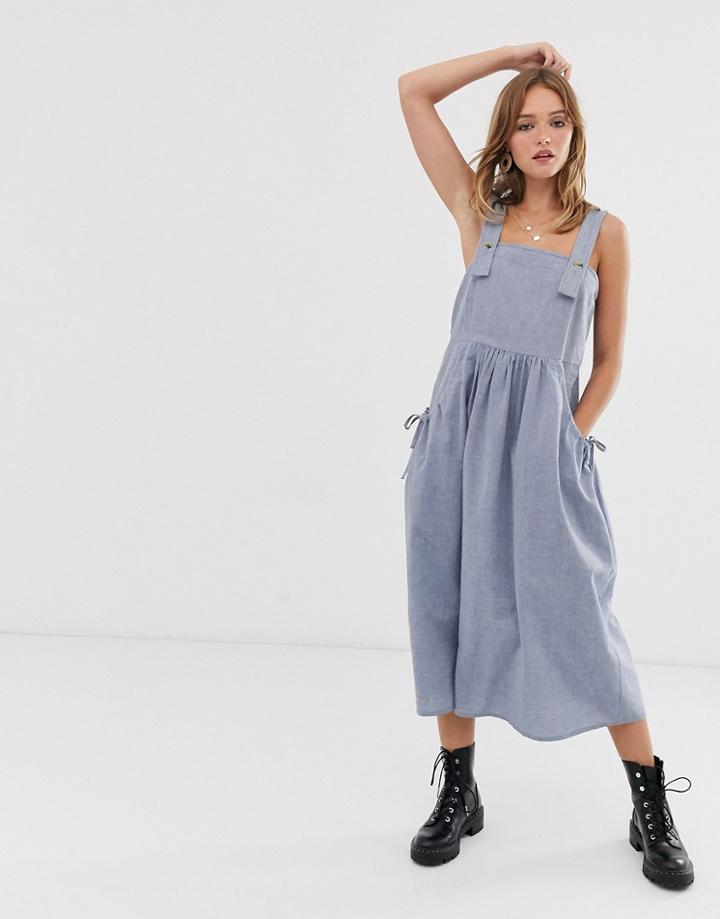 Asos Design Overall Midi Sundress With Pocket Detail In Chambray - Blue