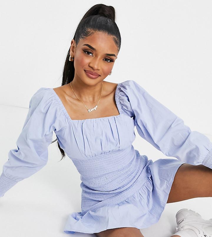 Miss Selfridge Petite Shirred Poplin Mini Dress In Blue-blues