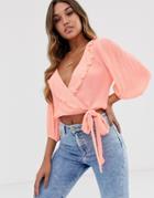 Asos Design Wrap Top In Plisse With Ruffle And Tie Side-orange