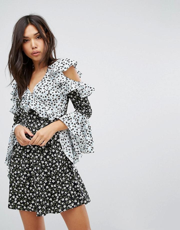 Prettylittlething Color Block Floral Wrap Dress - Multi