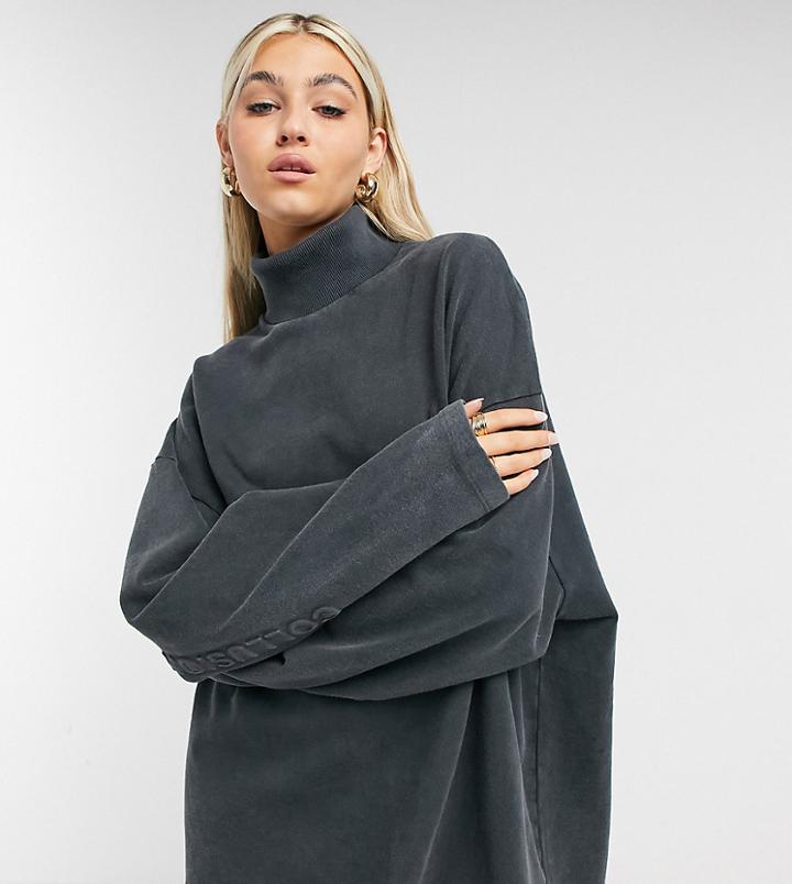 Collusion High Neck Dress With Embossed Logo In Black Acid Wash