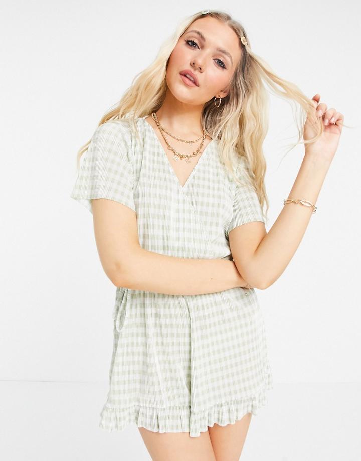 Pull & Bear Wrap Front Gingham Romper In Green