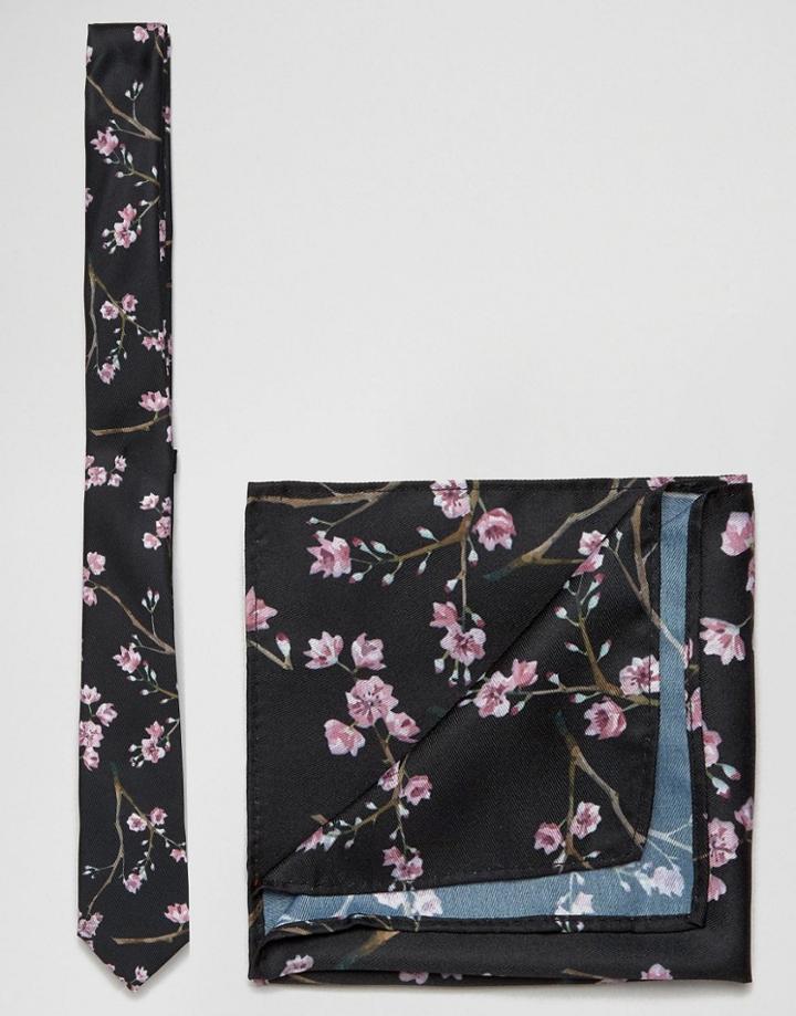 Asos Floral Tie And Pocket Square Pack - Black
