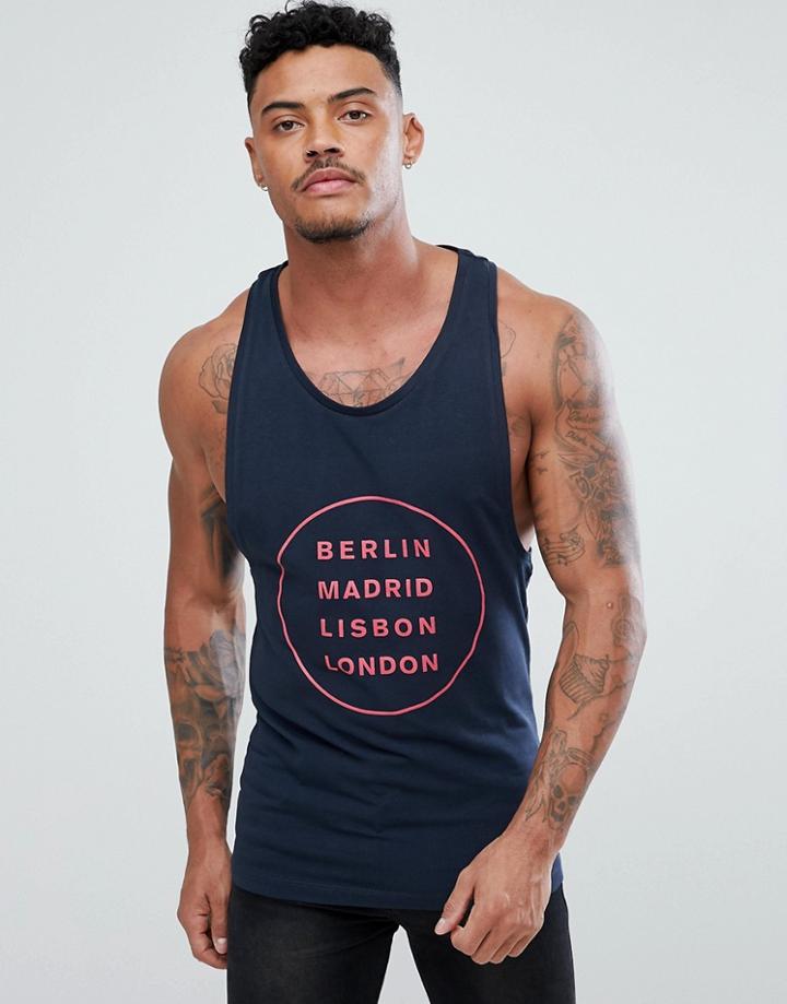 Asos Design Muscle Extreme Racer Tank In Navy With City Print - Navy
